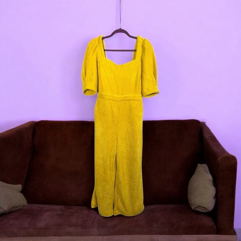 Size M En Saison Yellow Corduroy Puff sleeve belted Wide Leg Jumpsuit